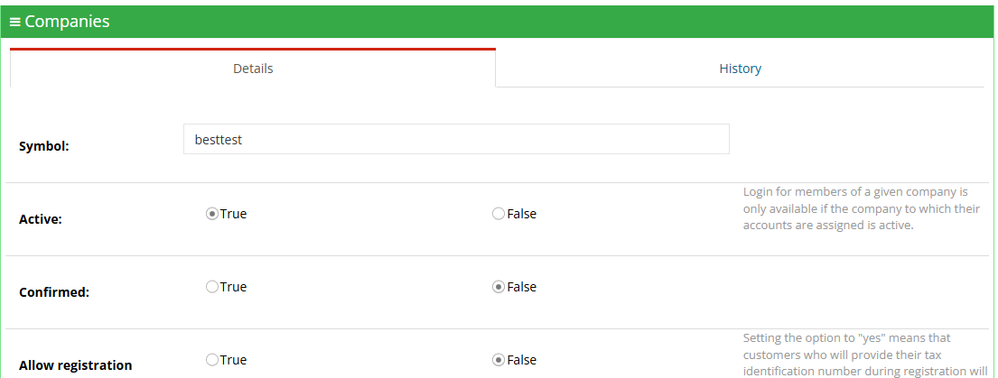 Company details in the Hummerce panel: symbol, company name, and the Active, Confirmed, and Allow registration settings