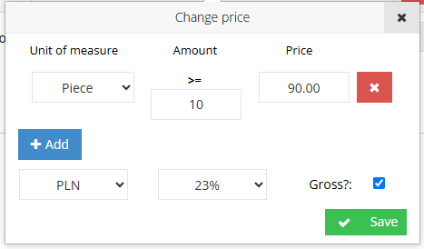 A price list entry in the Hummerce panel with the Change price window open: unit, quantity threshold, price, currency, VAT rate and the Gross field