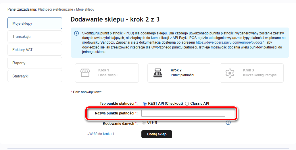 Krok "Punkt płatności" kreatora dodawania sklepu w panelu PayU (środowisko Sandbox), używany przy konfiguracji płatności PayU w Hummerce