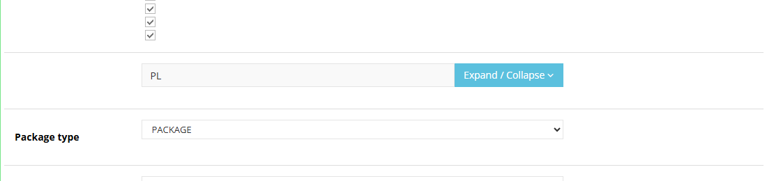 Delivery country settings (Possible countries) and package type in the Hummerce panel