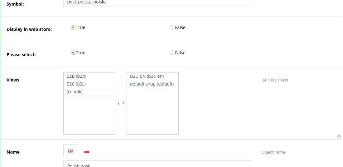 Basic delivery settings in the Hummerce panel: symbol, display in web store, selectability, views, name and description
