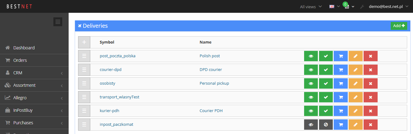 List of delivery methods in the Hummerce panel (Configuration - Deliveries) with Symbol and Name columns and toggles for visibility and selectability