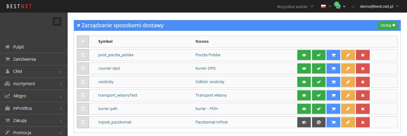 Lista sposobów dostawy w panelu Hummerce (Konfiguracja - Dostawy) z kolumnami Symbol i Nazwa oraz przełącznikami widoczności i możliwości wyboru