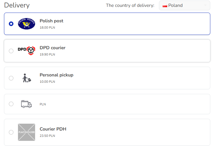 Choosing a delivery method in the Hummerce store cart (Bootstrap 5 template): Poczta Polska, DPD courier, personal pickup and own transport, with prices