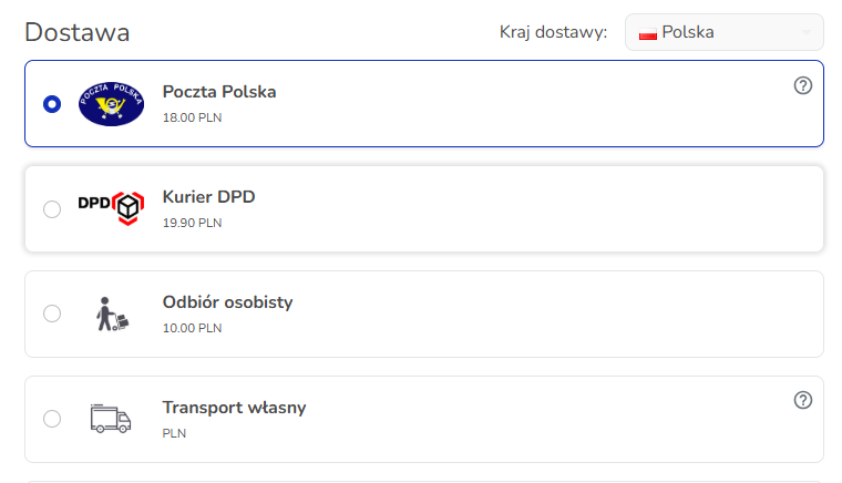 Wybór sposobu dostawy w koszyku sklepu Hummerce (szablon Bootstrap 5): Poczta Polska, Kurier DPD, Odbiór osobisty i Transport własny z cenami