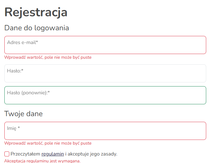 Formularz rejestracji w sklepie Hummerce z komunikatami błędów przy pustych wymaganych polach adresu e-mail i imienia