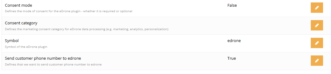Edrone integration consent settings in the Hummerce admin panel: consent mode, marketing consent category and symbol, customer phone number sending