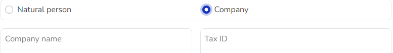 Account details form in the Hummerce store with a Company field, company name, and tax ID (NIP) next to personal and address data