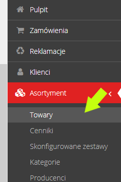 Menu panelu Hummerce: Asortyment - Towary, ścieżka do listy towarów