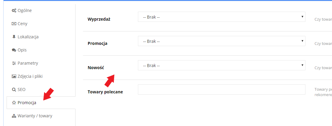 Pole Nowość w zakładce Promocja karty towaru w panelu Hummerce, z wyborem TAK lub NIE