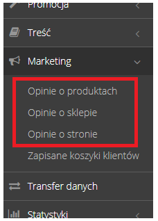 Pozycje menu "Opinie o produktach", "Opinie o sklepie" i "Opinie o stronach" w menu Marketing panelu Hummerce
