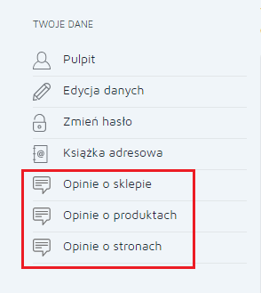 Zakładki "Opinie o sklepie", "Opinie o produktach" i "Opinie o stronach" w profilu klienta sklepu Hummerce