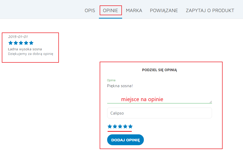 Zakładka "Opinie" na karcie towaru w sklepie Hummerce, z listą opinii i formularzem dodania nowej