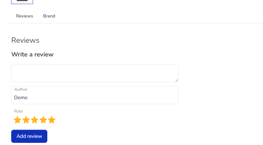 The "Share your opinion" form in the Hummerce store: review text, author, and a star rating