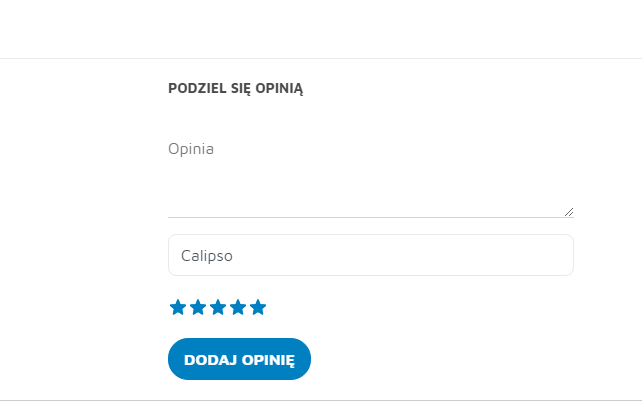 Formularz "Podziel się opinią" w sklepie Hummerce: treść opinii, autor i ocena w gwiazdkach