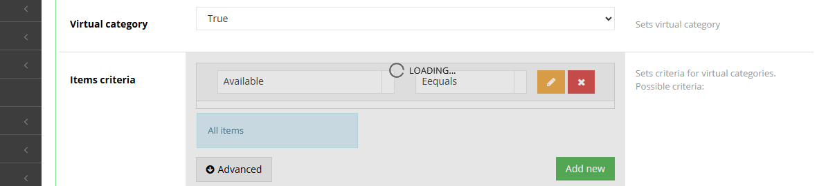 Virtual category and Item criteria fields in category editing in the Hummerce admin panel