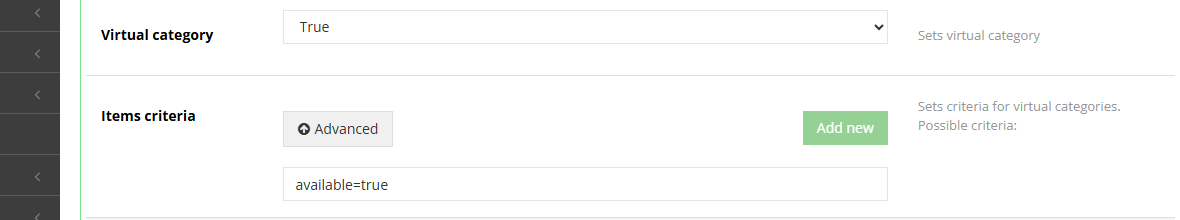 Item criteria in Advanced mode - the text form of a condition in the Hummerce admin panel