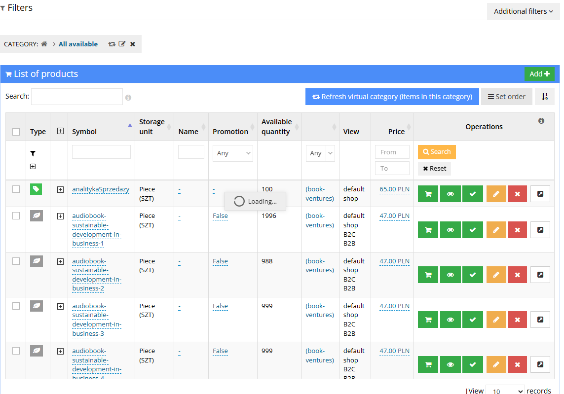 Virtual category's item list in the Hummerce admin panel, with the Refresh virtual category and Set order buttons