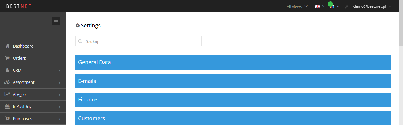 Settings screen in the Hummerce panel with the General data, Emails, Finance, Customers and Orders tabs