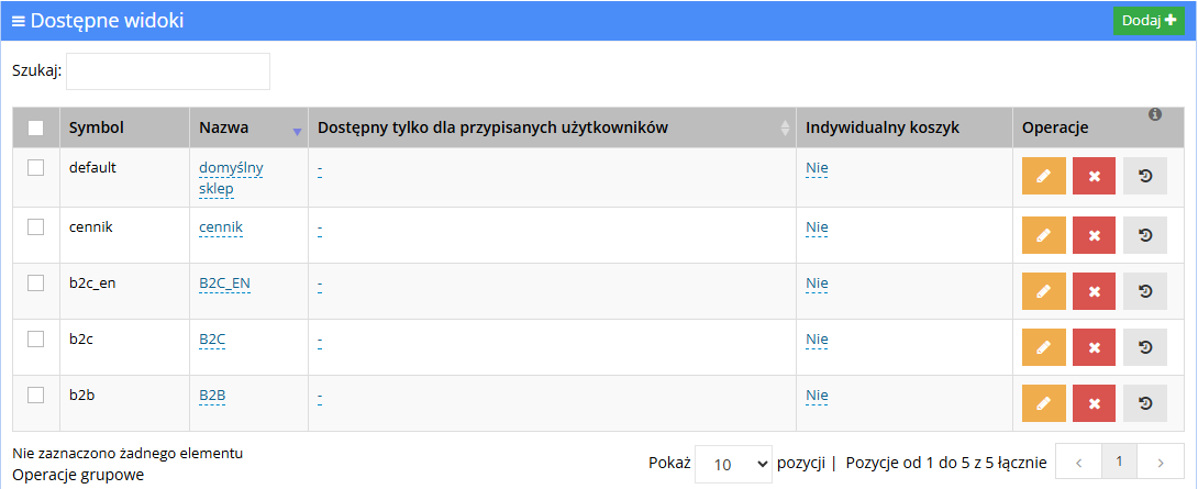 Lista widoków w panelu Hummerce (Konfiguracja - Widoki) z kolumną Indywidualny koszyk