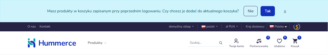 Pasek w sklepie Hummerce z pytaniem o dodanie do koszyka produktów zapisanych przy poprzednim logowaniu