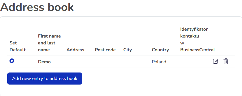 Standard address book in a Hummerce customer account, with a list of saved addresses and a default address