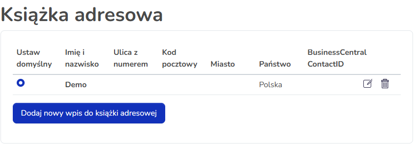 Standardowa książka adresowa w koncie klienta Hummerce z listą zapisanych adresów i adresem domyślnym