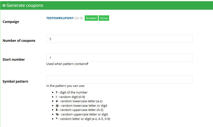 Coupon generation form in the Hummerce panel: quantity, starting number, and a symbol pattern with special characters