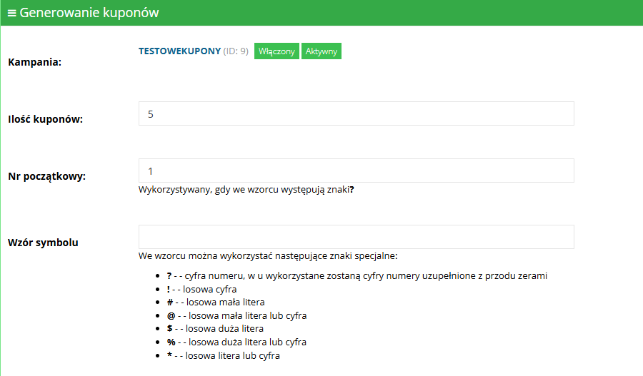 Formularz generowania kuponów w panelu Hummerce: ilość, numer początkowy i wzór symbolu ze znakami specjalnymi