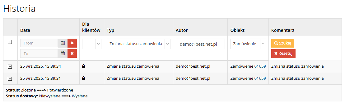 Historia zmian zamówienia w panelu Hummerce z zapisaną zmianą statusu zamówienia i danymi autora operacji