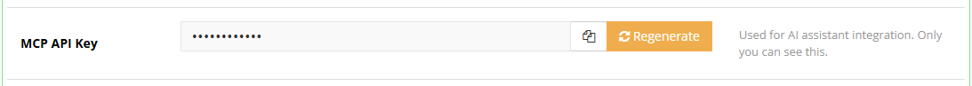 MCP API Key section on an admin's profile in the Hummerce panel, showing a masked key and a Regenerate button