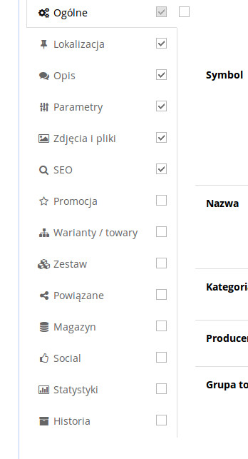 Wybór widocznych zakładek karty towaru w edycji szablonu w panelu Hummerce: Ogólne, Lokalizacja, Opis, Parametry, Zdjęcia i pliki, SEO i inne