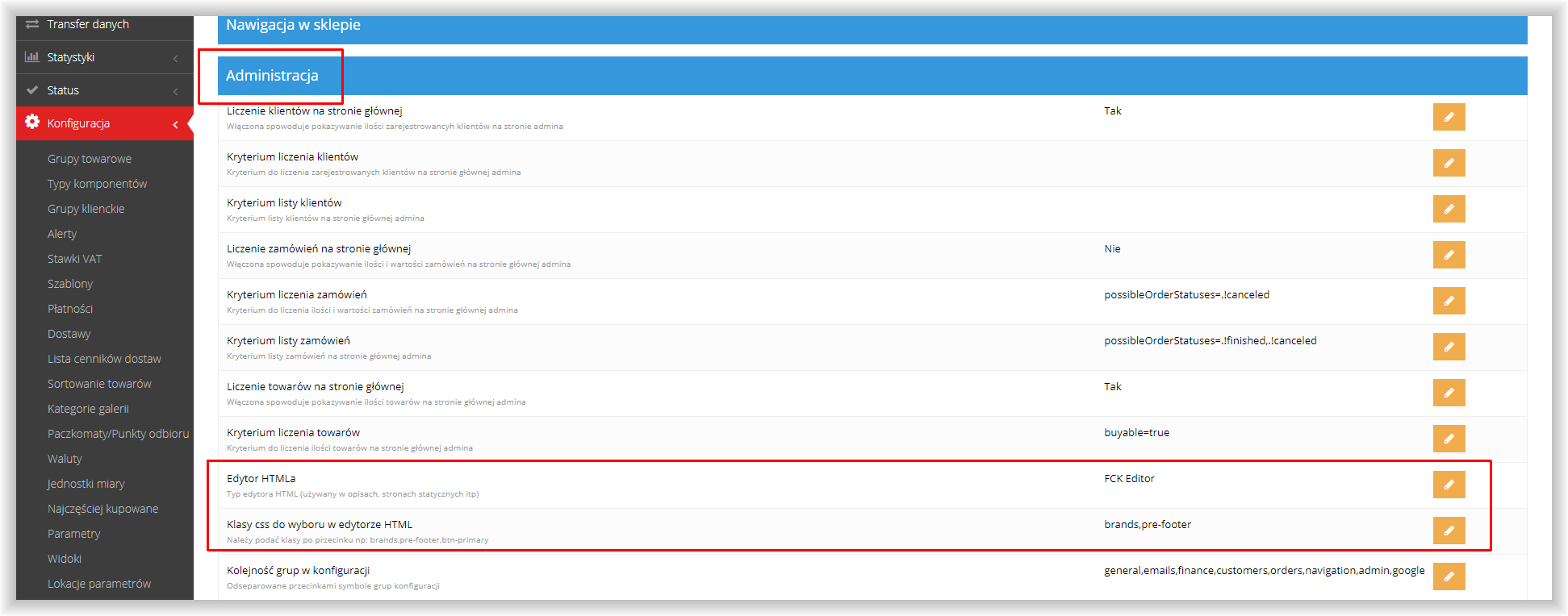 Ustawienia Edytor HTMLa i Klasy css do wyboru w edytorze HTML w panelu Hummerce (Konfiguracja - Ustawienia, grupa Administracja) z przykładowymi klasami stylów