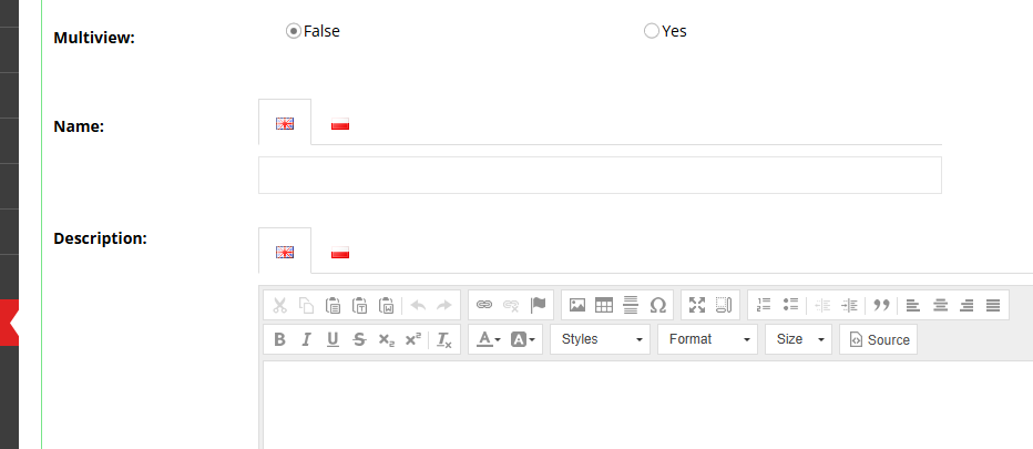 Language tabs (PL, FR, EN) on the Name and Description fields in the Hummerce panel - separate content for each language