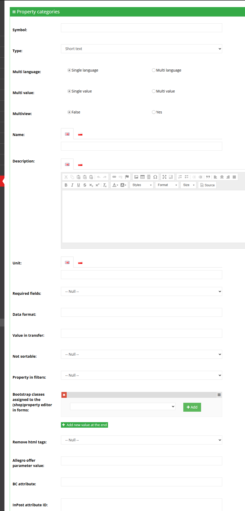 The Multilanguage setting when creating a property in the Hummerce panel: Single-language or Multilanguage