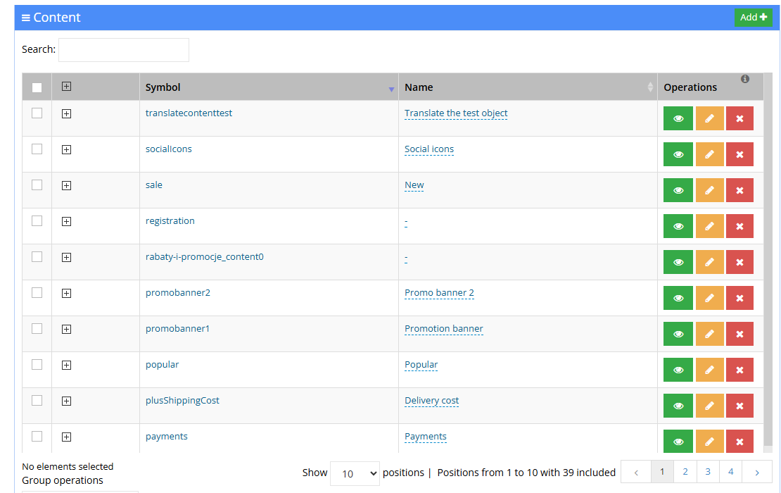 Content list in the Hummerce panel with the acceptRegulations content found, used for the terms-of-service acceptance checkbox