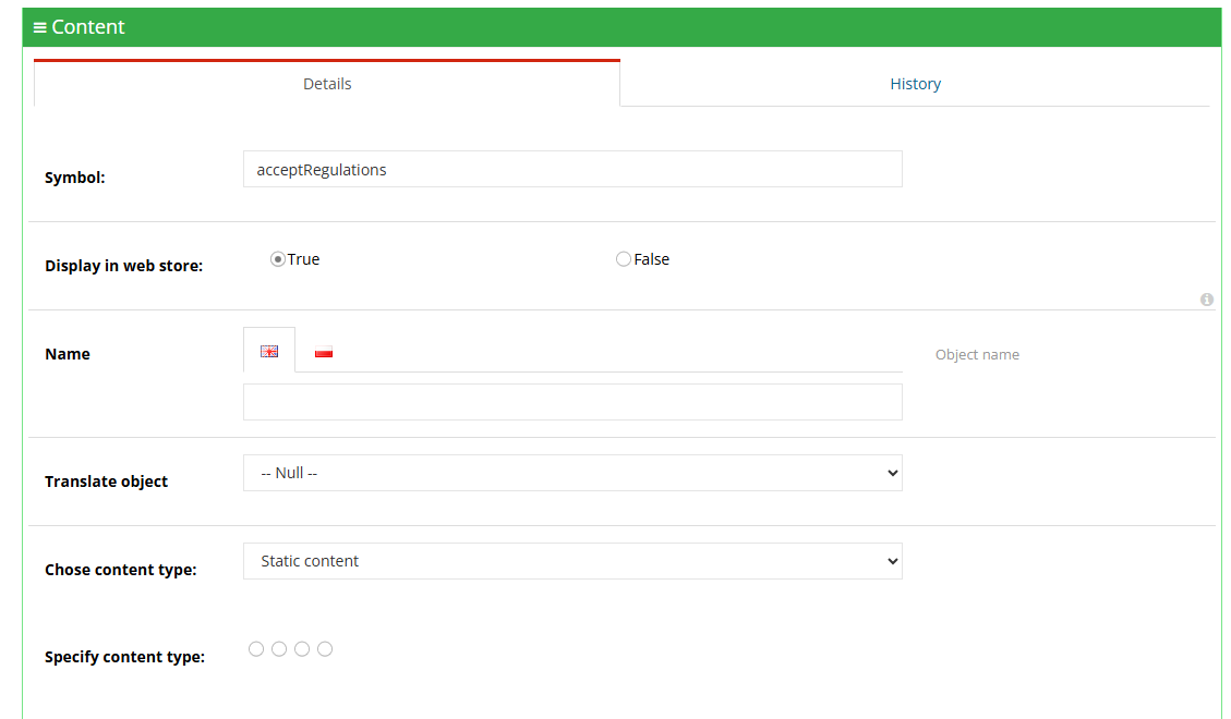 Configuring the acceptRegulations content in the Hummerce panel: symbol, display in store, static content type, HTML kind