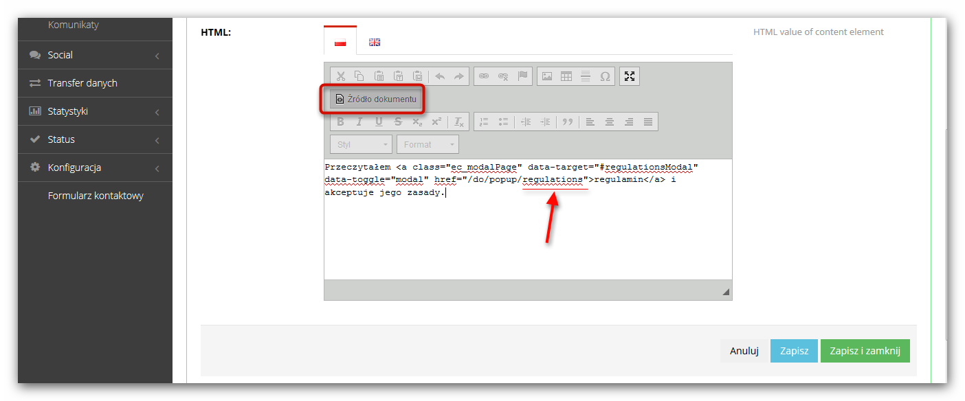 Źródło HTML zawartości acceptRegulations w panelu Hummerce z przykładowym linkiem otwierającym regulamin w oknie modalnym