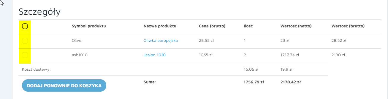 Podgląd zamówienia w koncie klienta Hummerce z zaznaczonymi pozycjami do ponownego dodania i przyciskiem Dodaj ponownie do koszyka