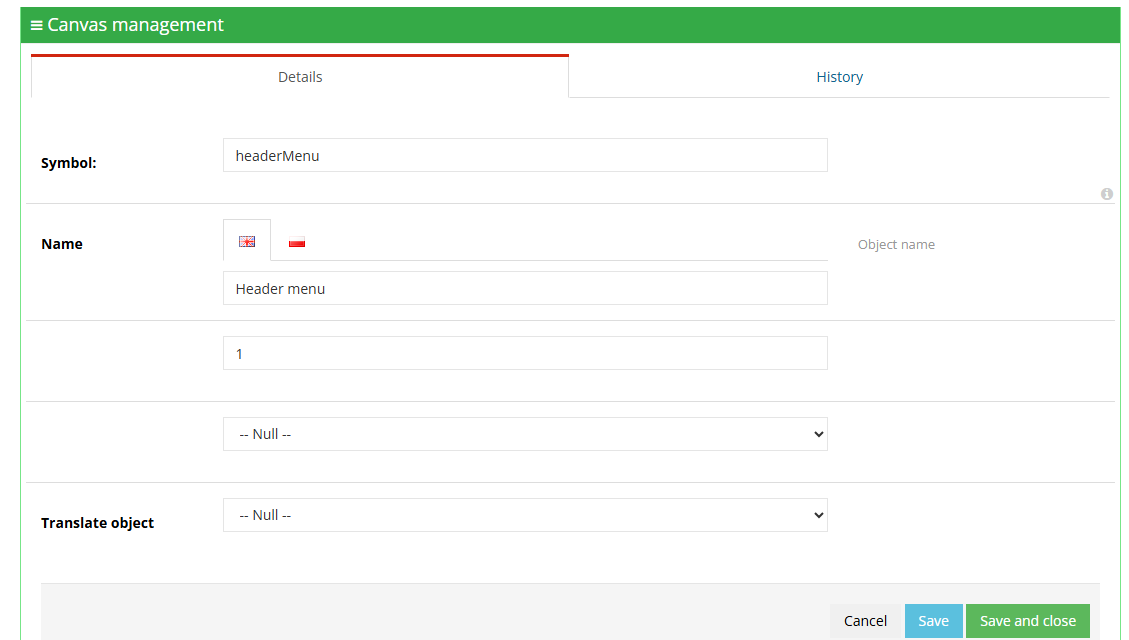 Editing a canvas in the Hummerce panel: symbol, name in each language, content count limit, and random display order