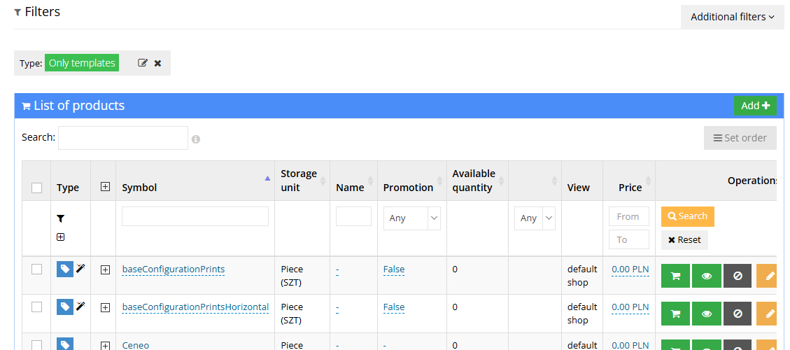 The "Template" label next to an item on the list in the Hummerce panel (Assortment - Items)