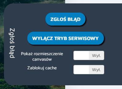 Rozwinięte menu Zgłoś błąd w trybie serwisowym Hummerce z opcjami: zgłoś błąd, wyłącz tryb serwisowy, pokaż rozmieszczenie canvasów, zablokuj cache