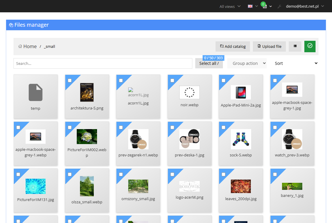 List of files in the Hummerce file and image manager (panel, a product photo folder with thumbnail previews)