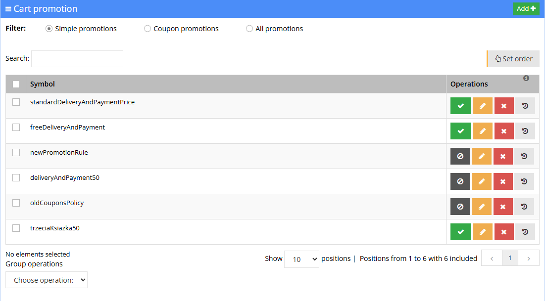 List of cart promotions in the Hummerce panel with a filter for standard and coupon promotions and a Set order button