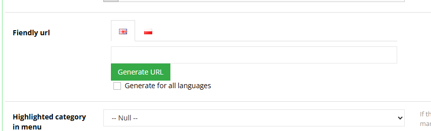 The Friendly URL field in Hummerce category editing, with the Generate URL button and the Generate for all languages option