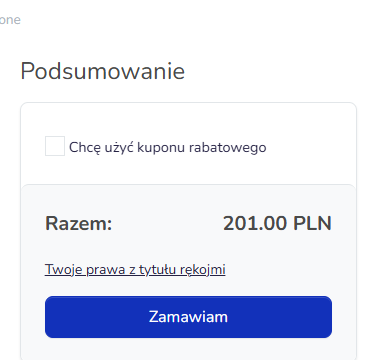 Podsumowanie koszyka w sklepie Hummerce z linkiem Twoje prawa z tytułu rękojmi pod kwotą łączną, nad przyciskiem Zamawiam