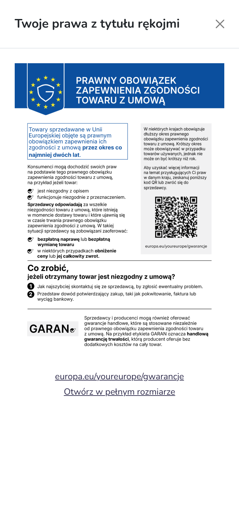 Okno z informacją UE o rękojmi na telefonie w sklepie Hummerce - grafika na pełną szerokość ekranu
