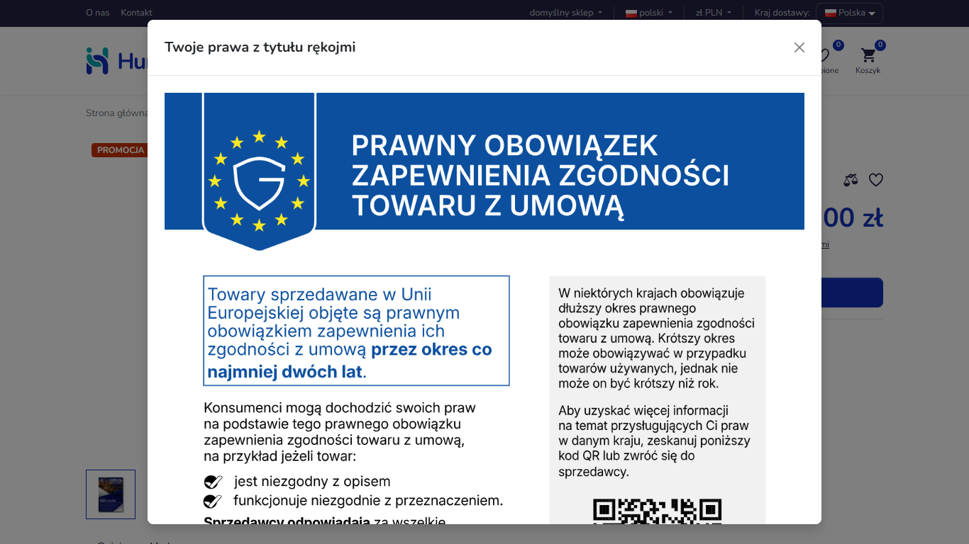 Okno z oficjalną grafiką UE o rękojmi w sklepie Hummerce - tytuł, grafika z kodem QR, link do portalu Your Europe