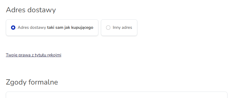 Formularz zamówienia w sklepie Hummerce z linkiem Twoje prawa z tytułu rękojmi pod adresem dostawy, nad zgodami formalnymi
