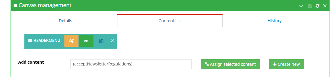 List of contents assigned to a canvas in the Hummerce panel, with edit options, visibility settings, and the display date range